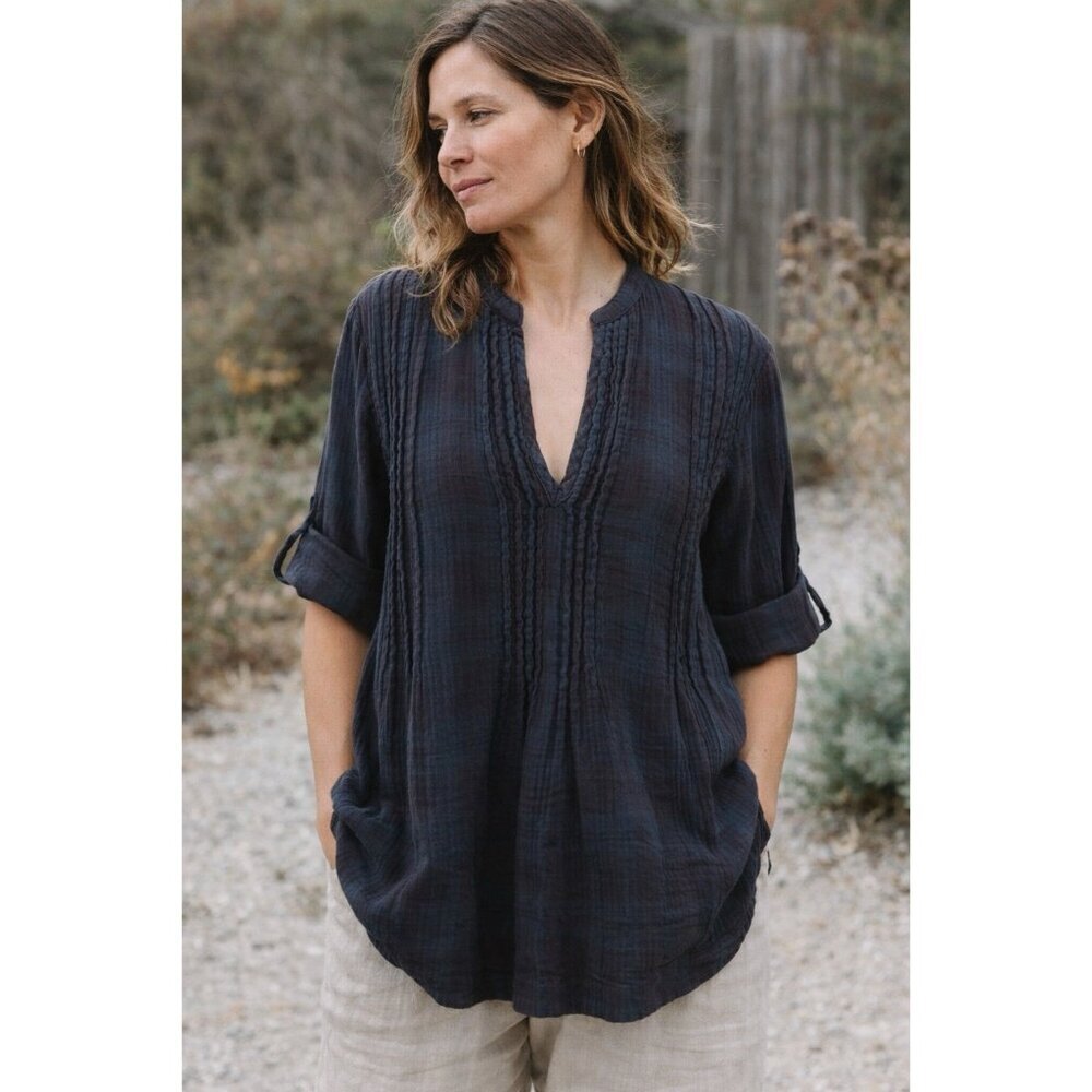 CP Shades Womens Tunic Top Sz Small Navy Blue Green Plaid Cotton Gauze Lagenlook